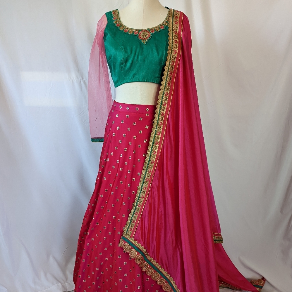 Green and Pink Embellished Women's Lehenga Dress